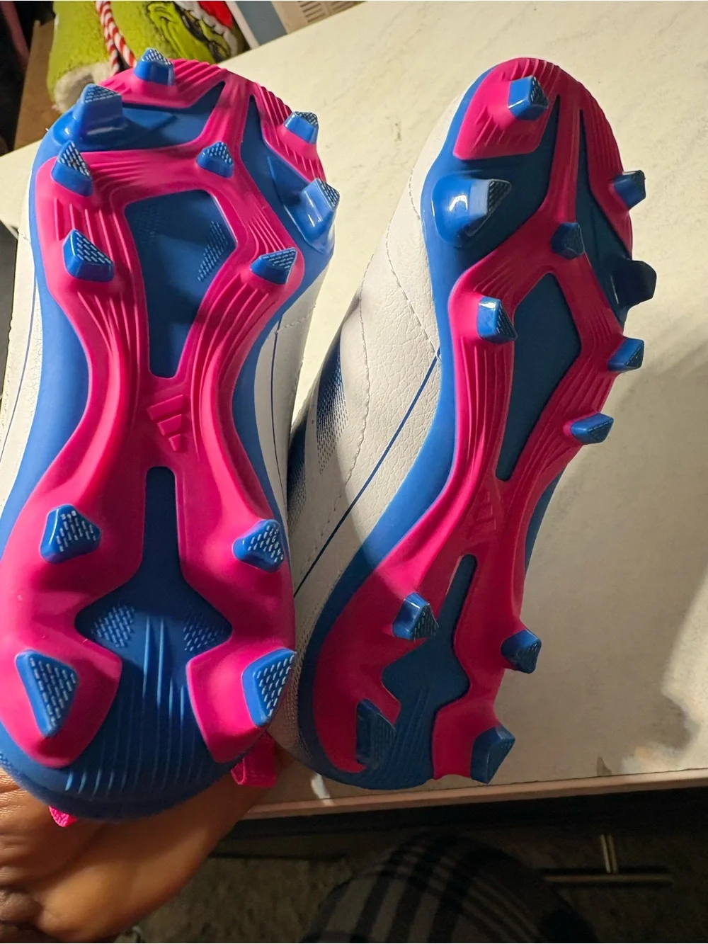 Kids White & Blue Athletic Cleats with Pink Trim